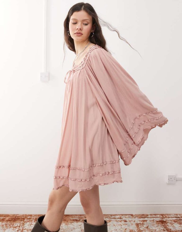 Miss Selfridge square neck flared sleeve mini dress in dusky pink