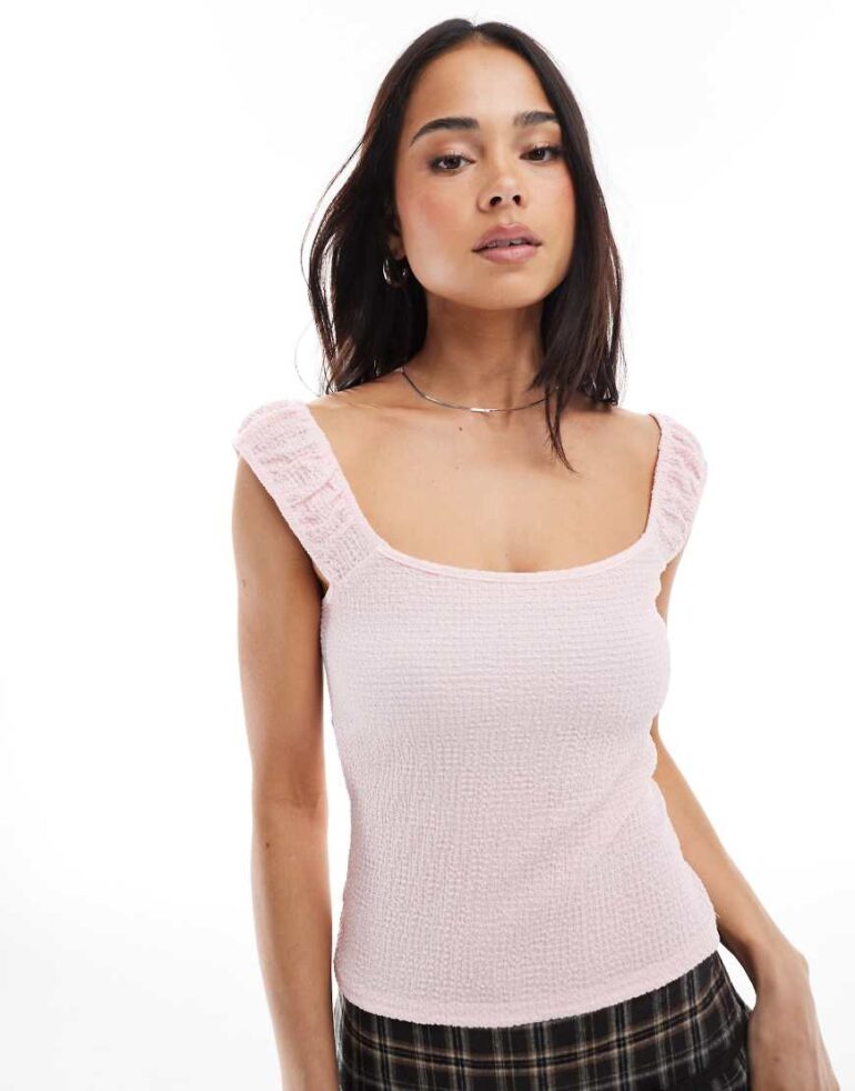 Miss Selfridge textured gathered sleeve top in light pink