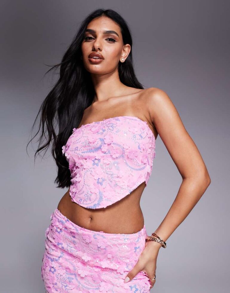 Missyempire 3D floral sequin bandeau curved hem top co-ord in pink