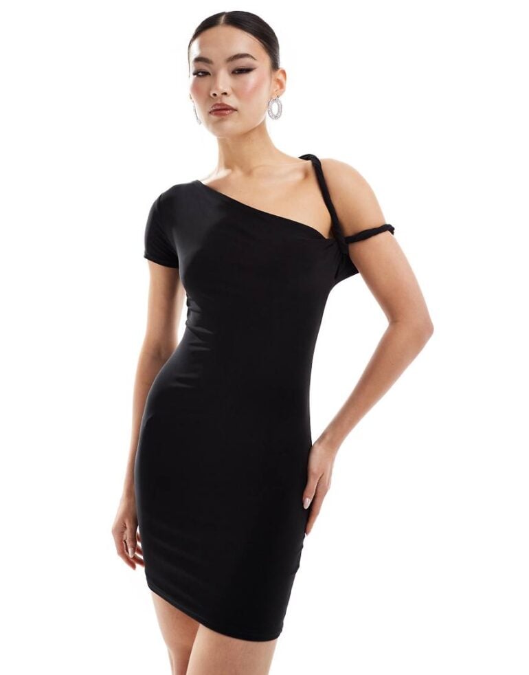Missyempire slinky one sleeve twist strap bodycon mini dress in black