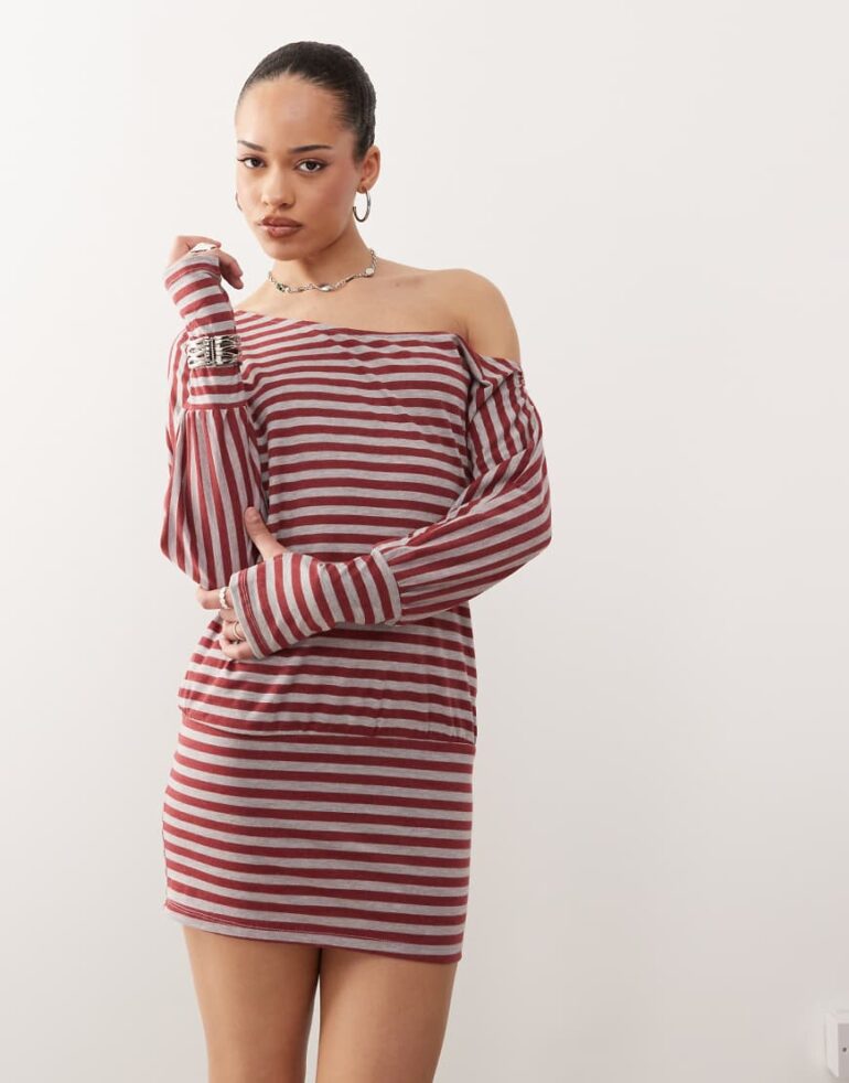 Motel Zylina slouchy stripe mini dress in burgundy grey-Red