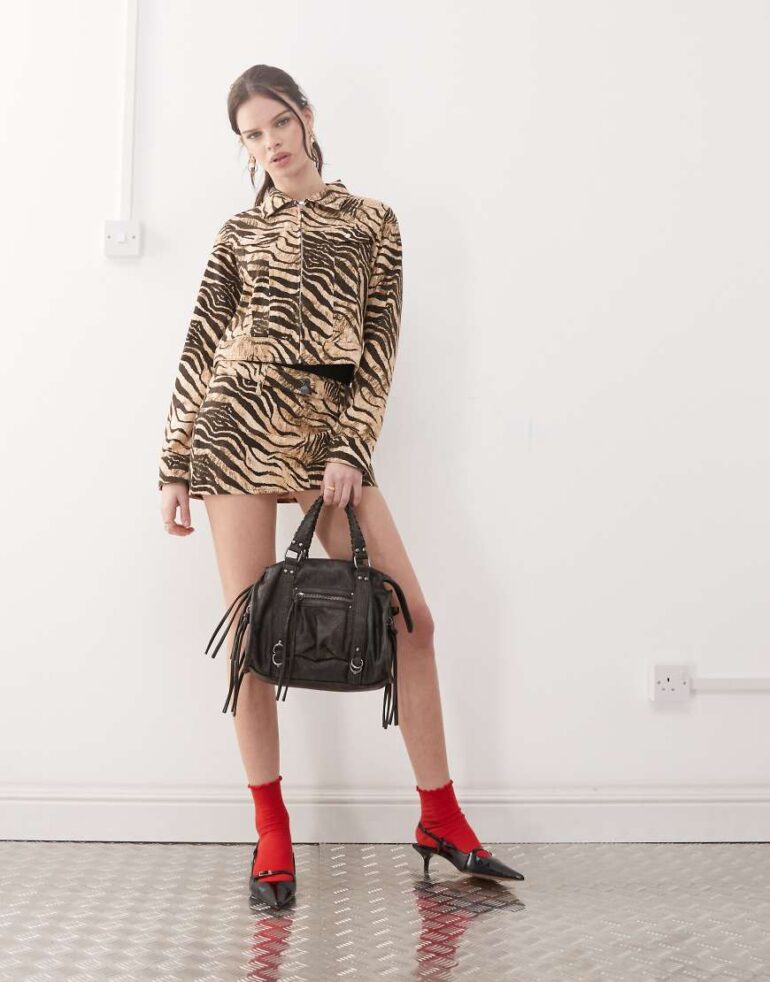 Motel oiwa wild animal mini skirt co-ord in cream and brown-Multi