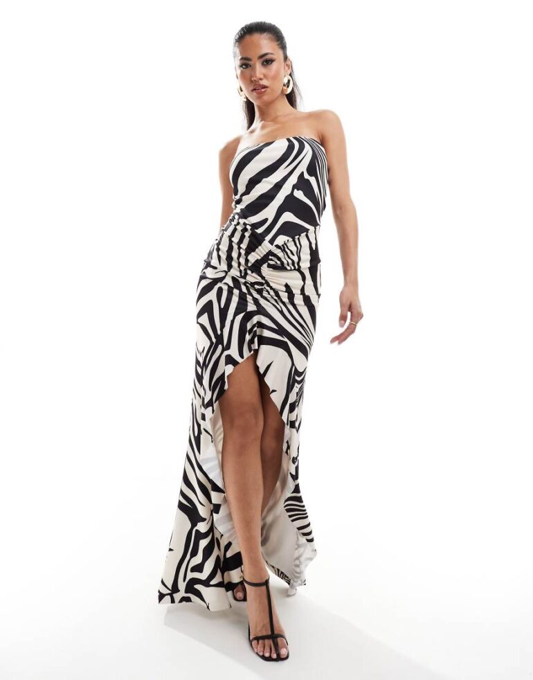 Murci bandeau thigh split maxi dress in zebra print-Multi