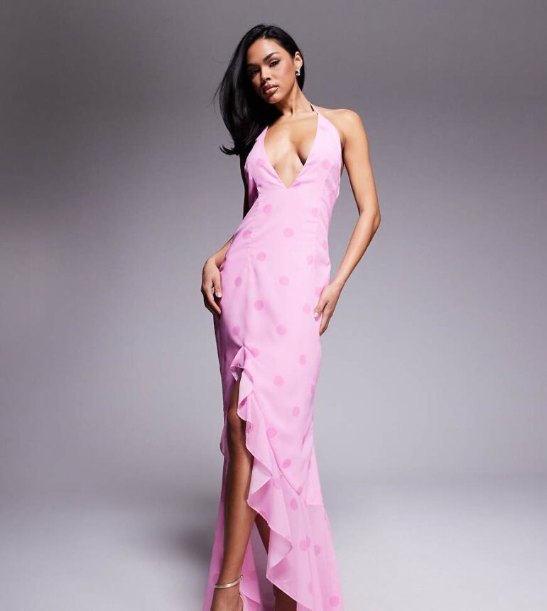 Murci exclusive halterneck deep plunge ruffle high low hem maxi dress in pink polka dot
