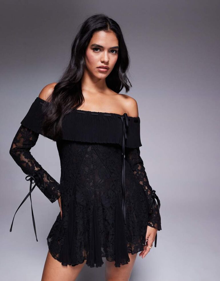 Murci exclusive lace bardot fit and flare godet detail mini dress in black