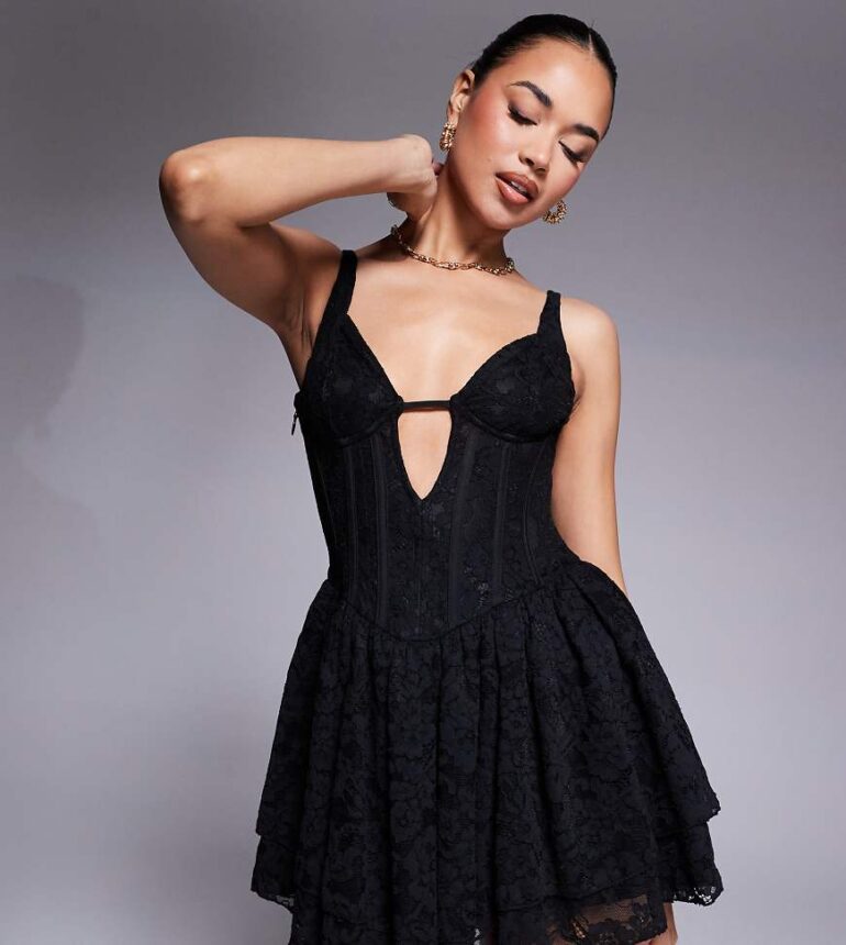 Murci exclusive lace structured corset keyhole detail mini dress in black