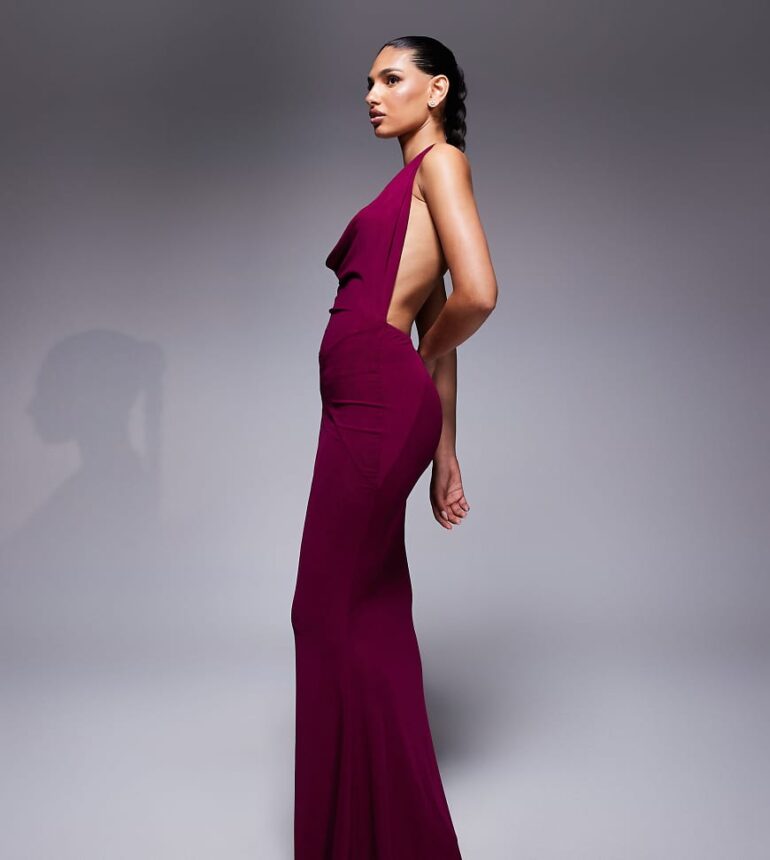 Murci exclusive mesh halterneck open back cowl neck maxi dress in plum-Purple