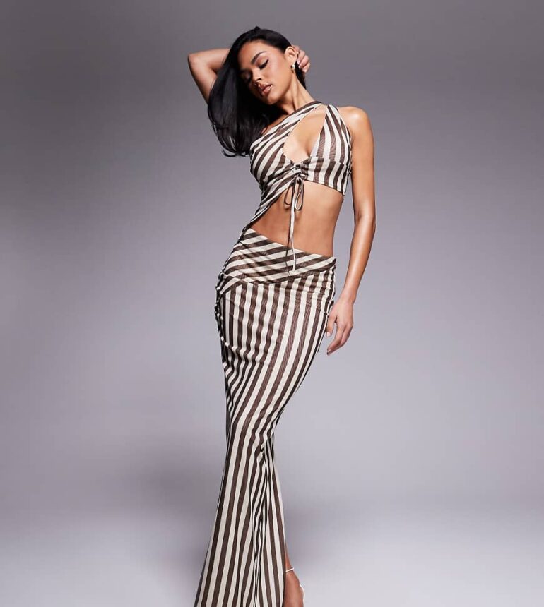 Murci exclusive mesh one shoulder lace up detail top and maxi skirt set in brown stripe