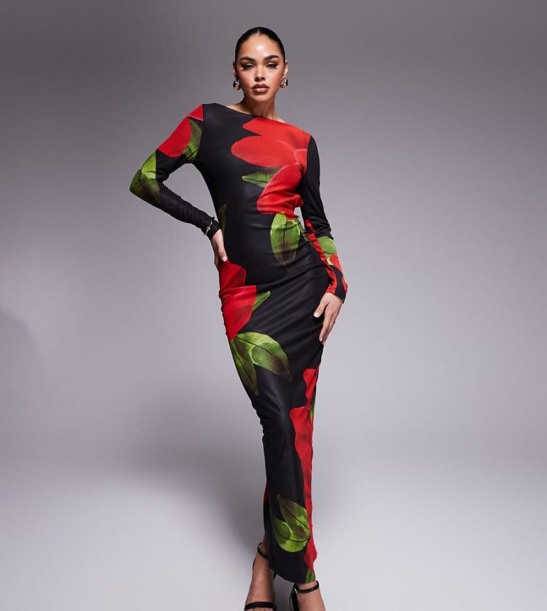 Murci exclusive mesh slash neck open back bodycon maxi dress in black and red flower print-Multi