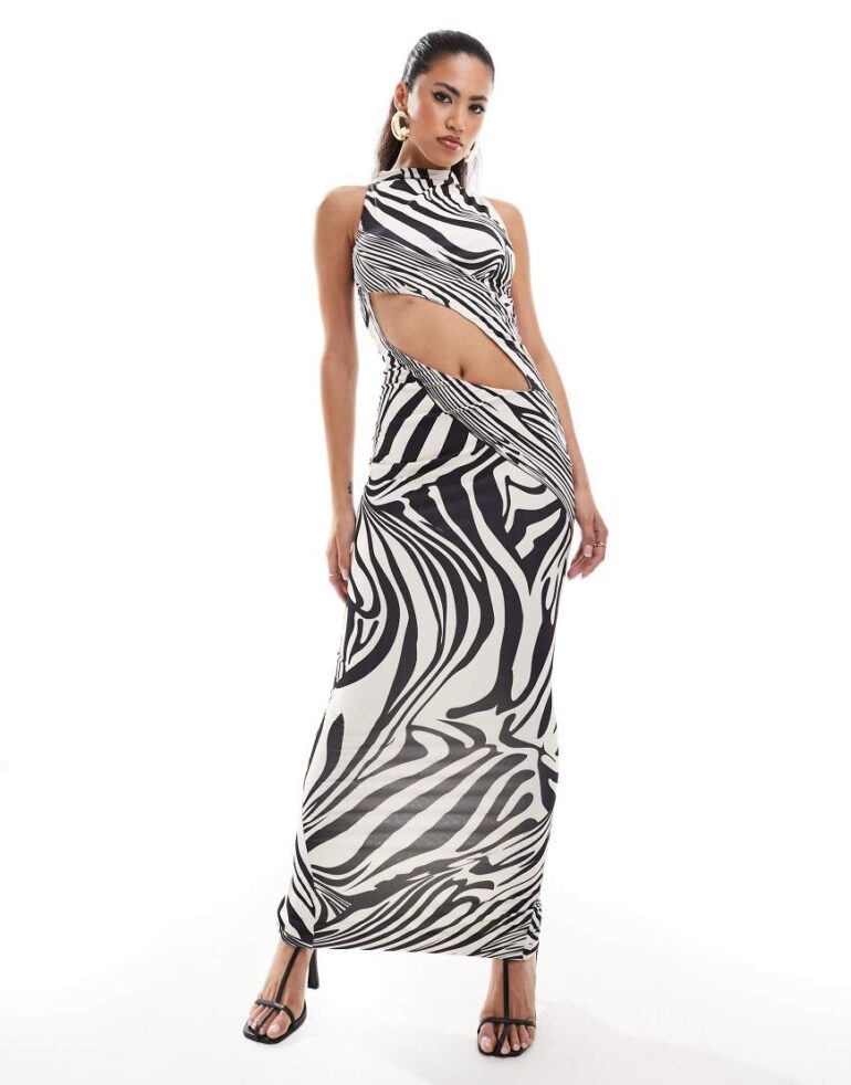 Murci high neck sleeveless slash waist maxi dress in zebra print-Multi