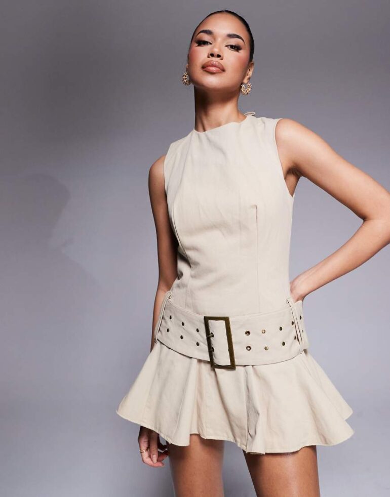 Murci structured sleeveless lace up back belted flippy hem mini dress in sand-White