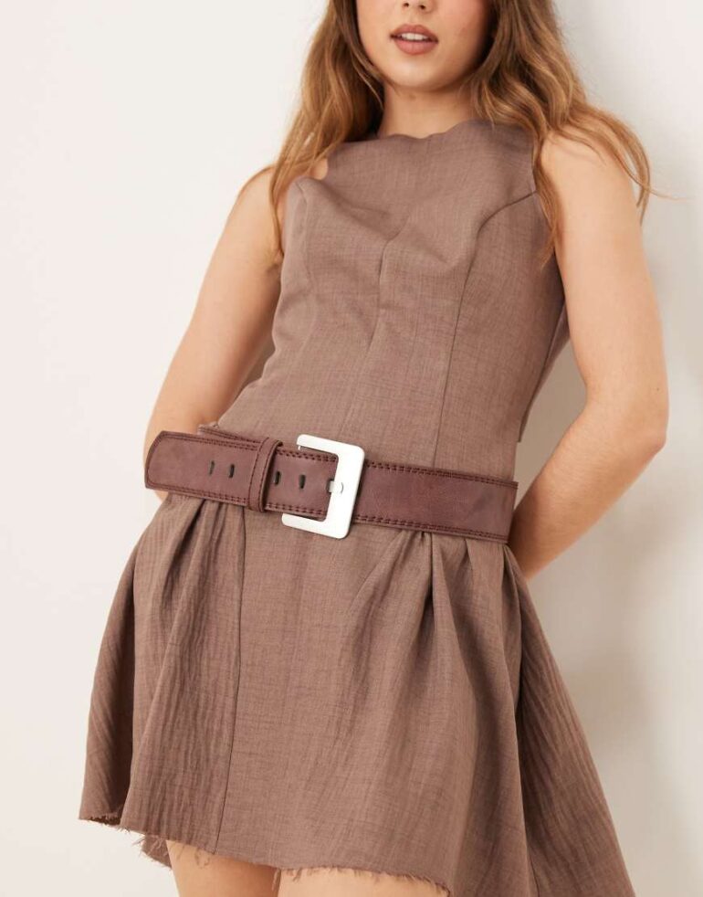 My Accessories wide square buckle belt in brown and brushed silver