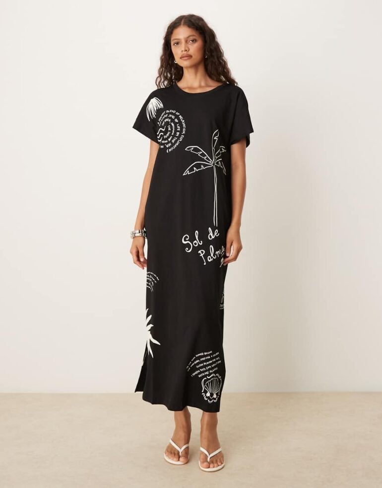 Never Fully Dressed Palma print jersey off shoulder midaxi dress in black