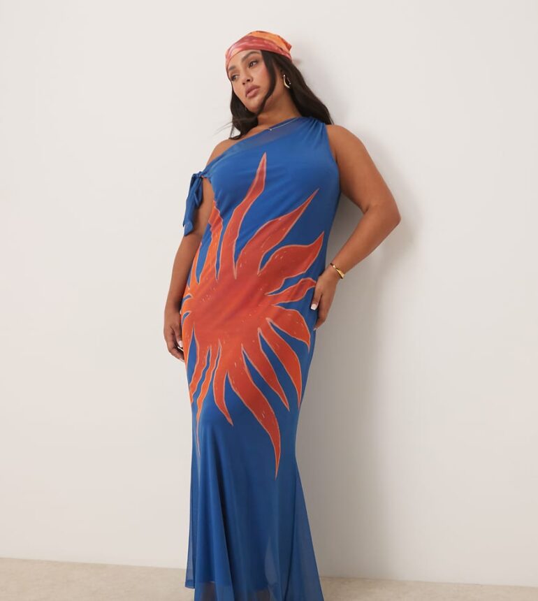 Never Fully Dressed Plus asymmetric off shoulder maxi dress in blue sun print