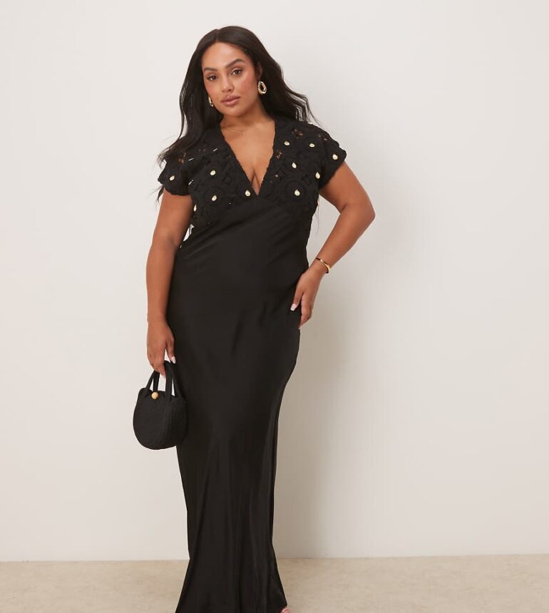 Never Fully Dressed Plus crochet shell maxi dress in black