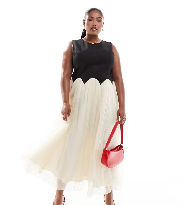 Never Fully Dressed Plus drop hem midaxi dress in black and cream