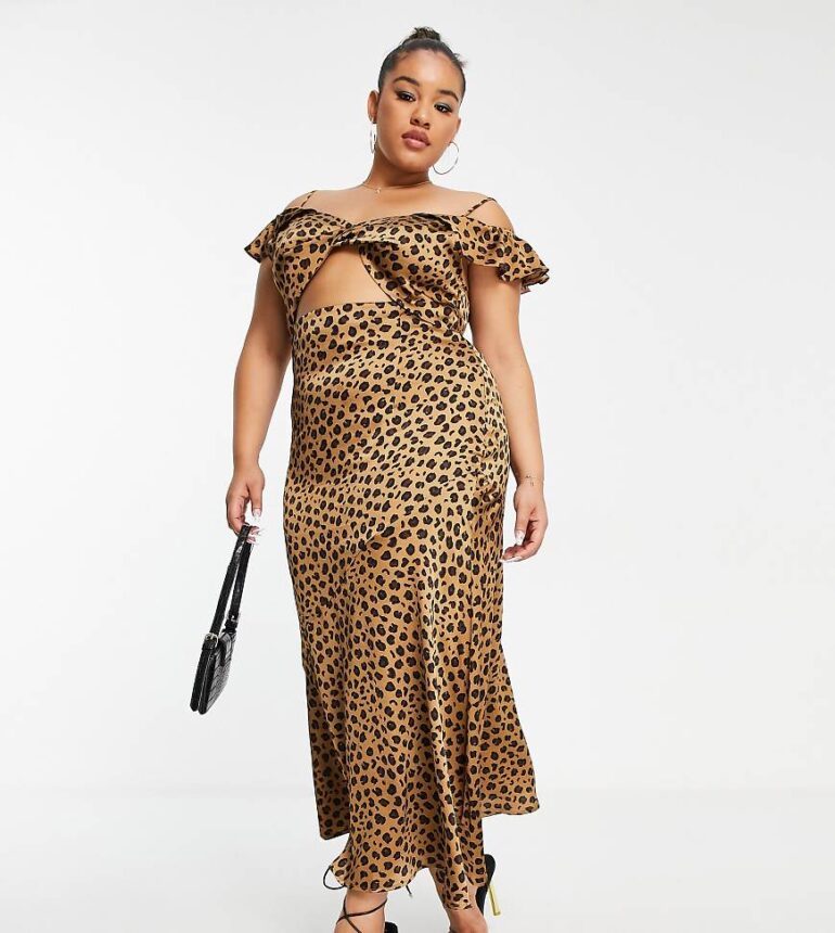 Never Fully Dressed Plus frill sleeve cut-out maxi dress in leopard-Brown