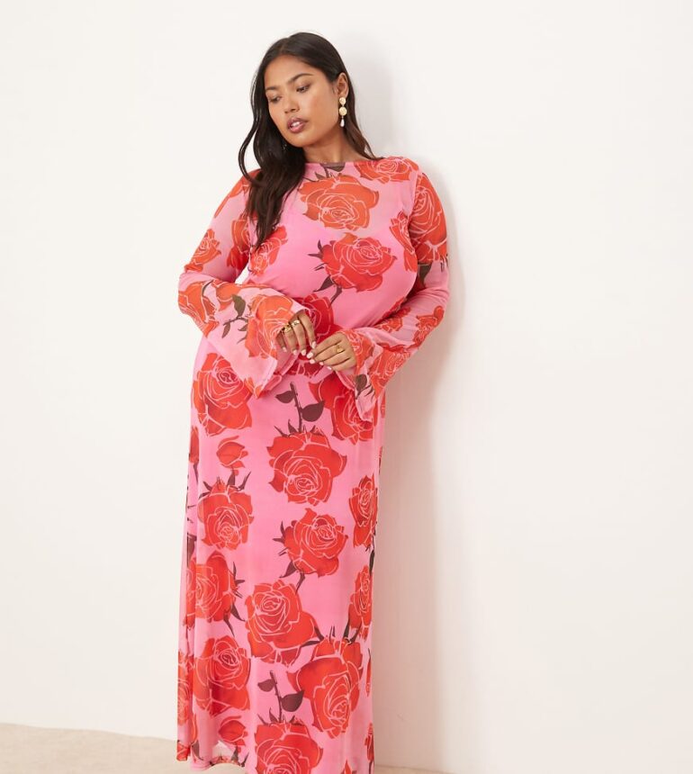 Never Fully Dressed Plus long sleeve mesh midaxi dress in pink and red rose
