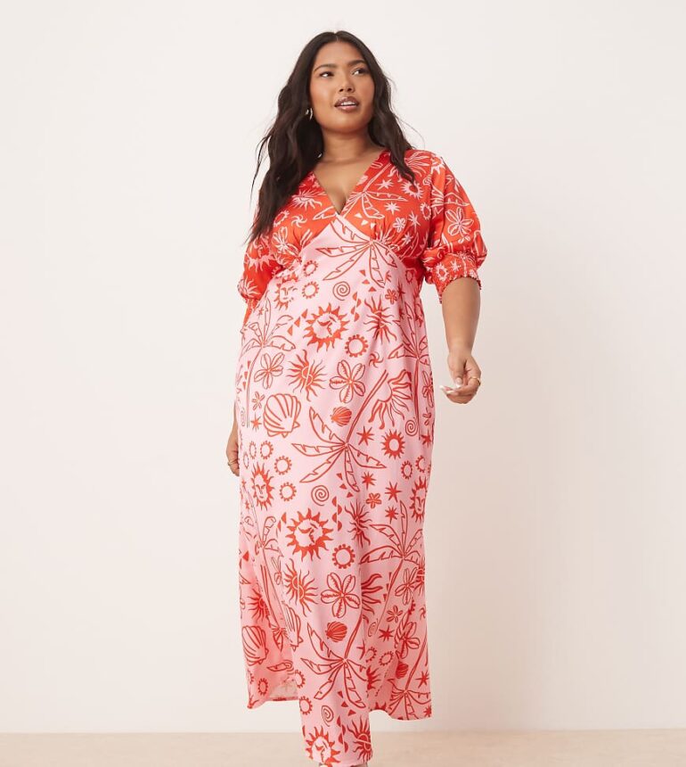 Never Fully Dressed Plus palm print contrast midaxi dress in red and pink