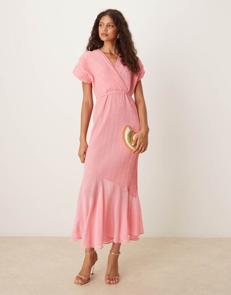 Never Fully Dressed asymmetric drop hem plisse midaxi dress in bright pink
