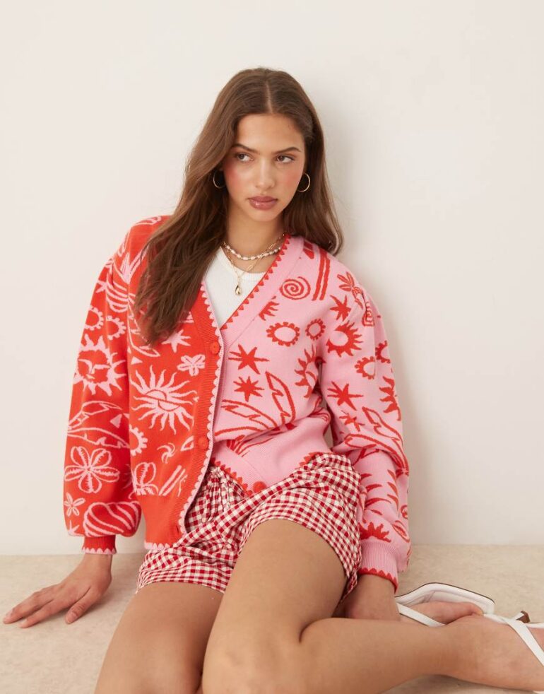 Never Fully Dressed colour block cardigan in red and pink