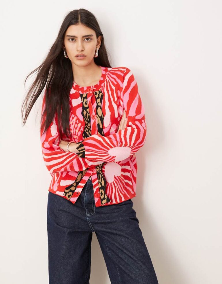 Never Fully Dressed contrast leopard cardigan in pink and red
