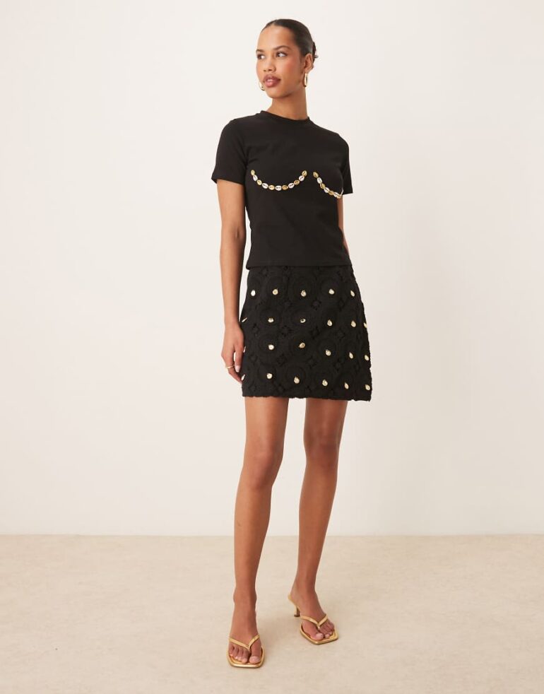 Never Fully Dressed crochet shell wrap mini skirt co-ord in black