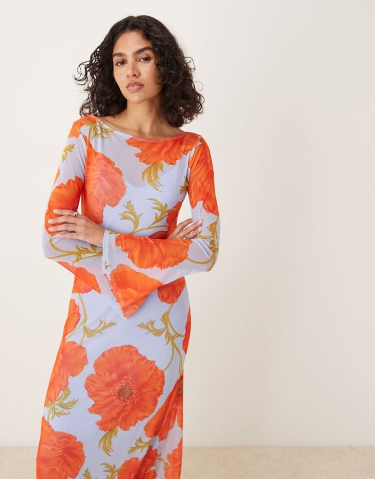 Never Fully Dressed mesh dress in blue poppy print-Multi
