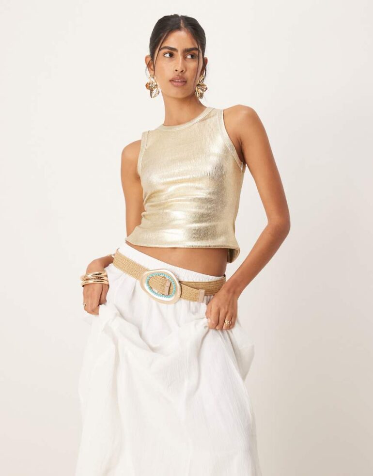 Never Fully Dressed metallic ribbed tank top in gold