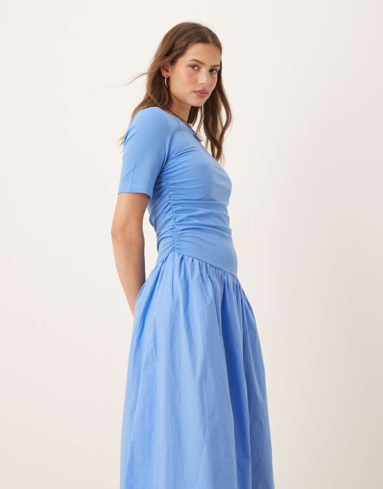 NeverFully Dressed cotton poplin drop hem maxi dress in cobalt-White
