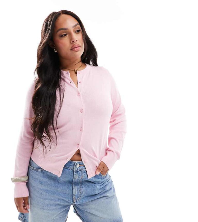 New Look Curve crew neck cardigan in pink
