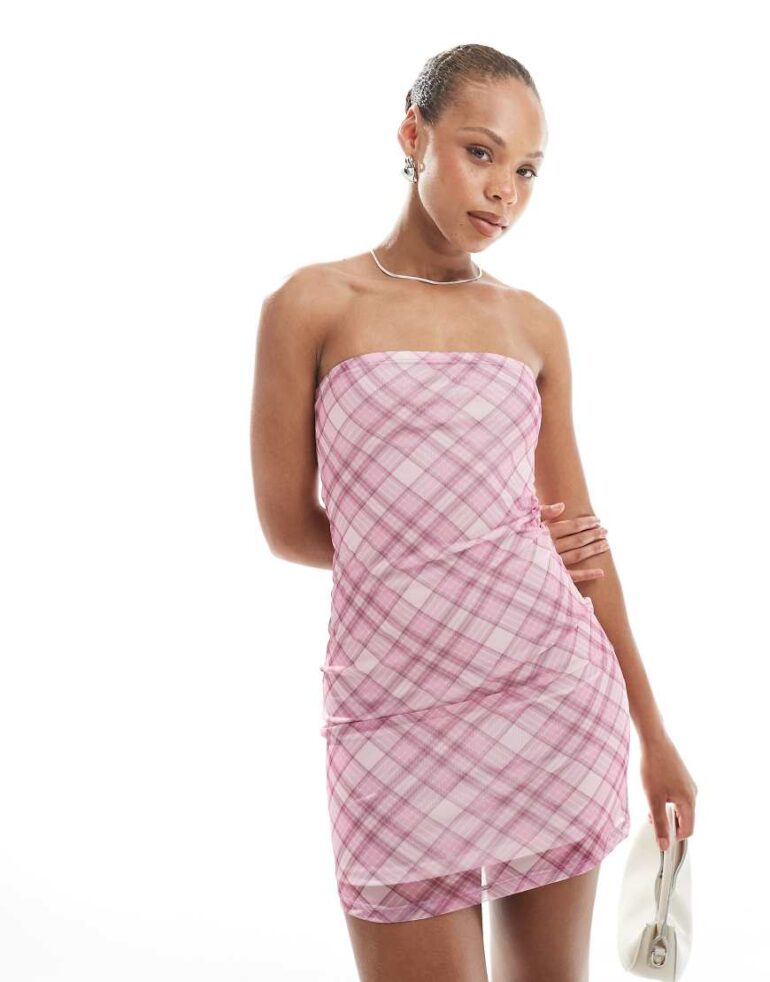 New Look check mesh bandeau mini dress in pink