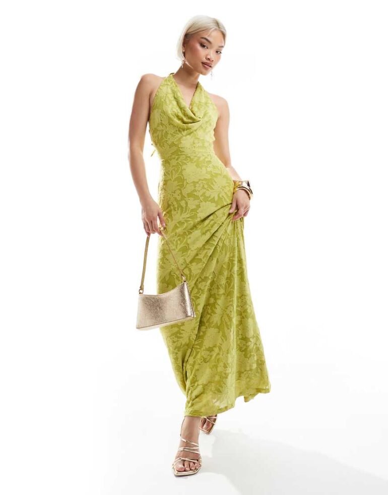 New Look jacquard halter midi dress in bright green