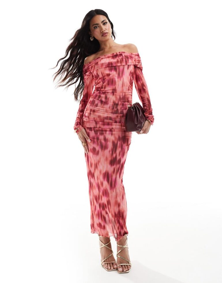 New Look mesh long sleeve bardot midaxi dress in pink pattern
