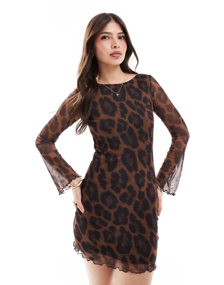 New Look mesh mini dress in leopard print-Brown