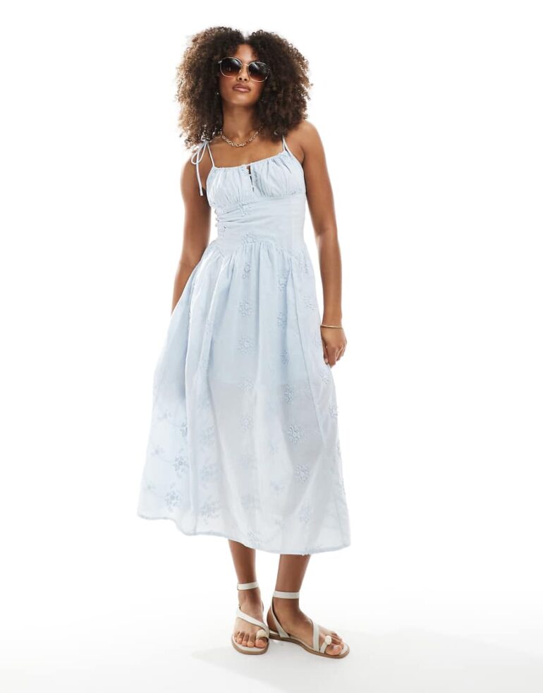 New Look milkmaid broderie strappy midi dress in blue