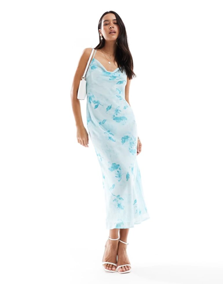 New Look satin floral cowl neck midi slip dress in blue