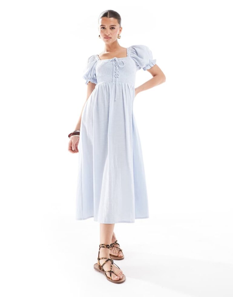 New Look shirred tie front midi dress in blue
