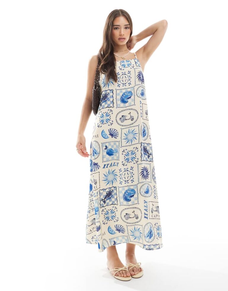 New Look tile printed shift midi dress in blue