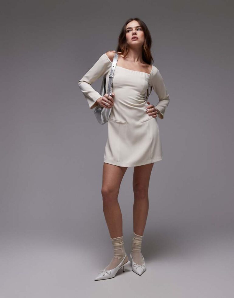 Nia moira structured off-shoulder long sleeve mini dress in stone-Neutral