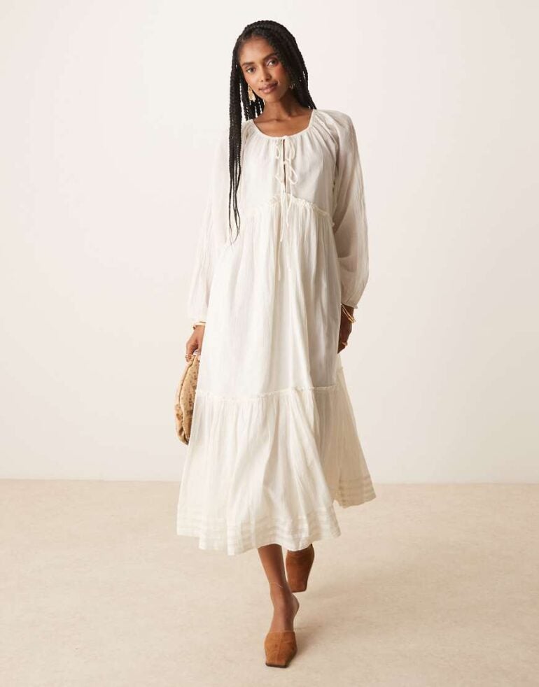 Nobody's Child Adley boho scoop neck midi dress in white