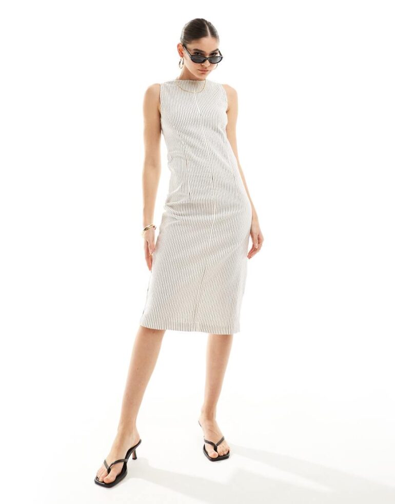 Nobody's Child Farringdon denim midi dress in cream pinstripe-White