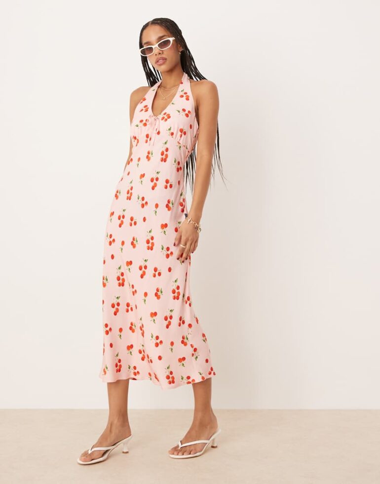 Nobody's Child Lyne halter neck midi dress in pink tomato print