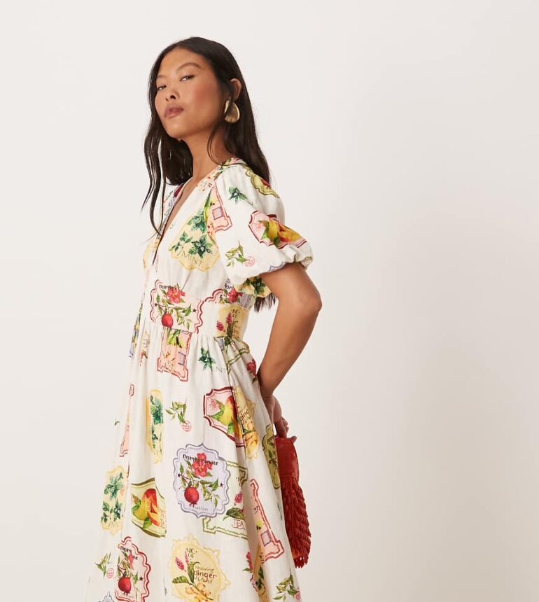 Nobody's Child Petite Starlight puff sleeve midi dress in postcard fruit print-Multi