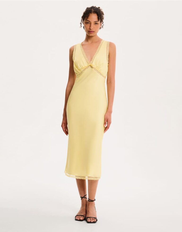 OMNES Maizie slim fit midi dress in satin yellow