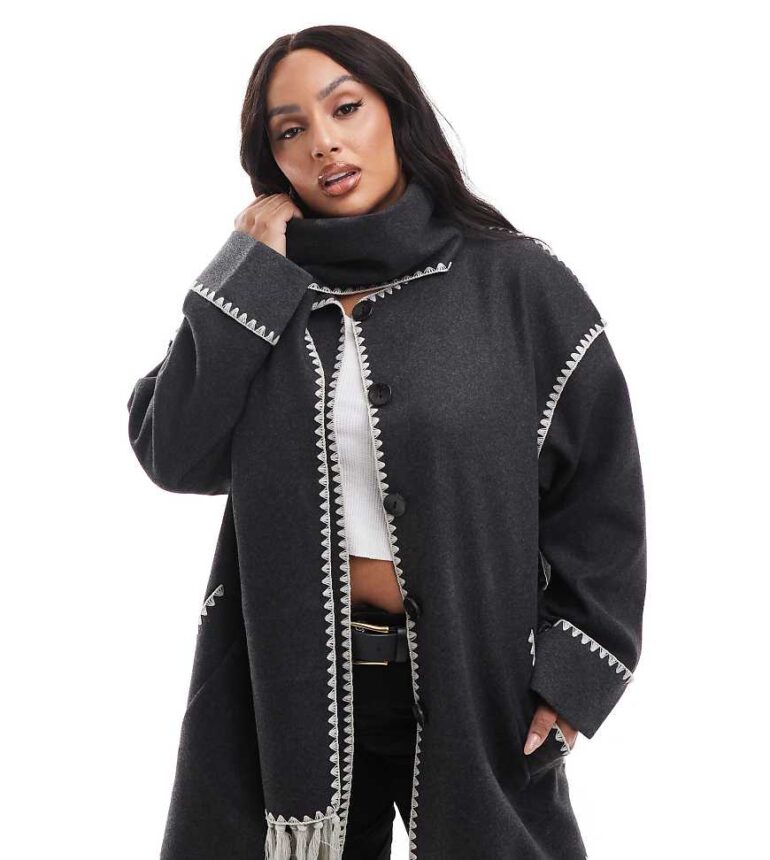 ONLY Curve scallop edge scarf coat in dark grey