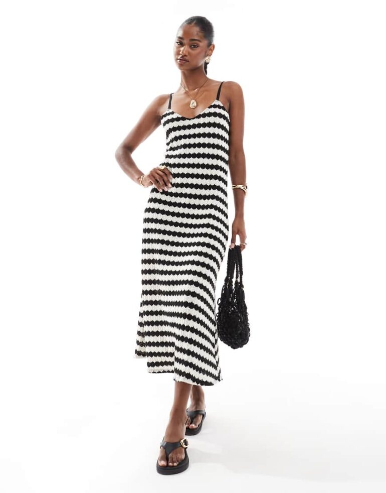 ONLY crochet maxi dress in black & white stripes