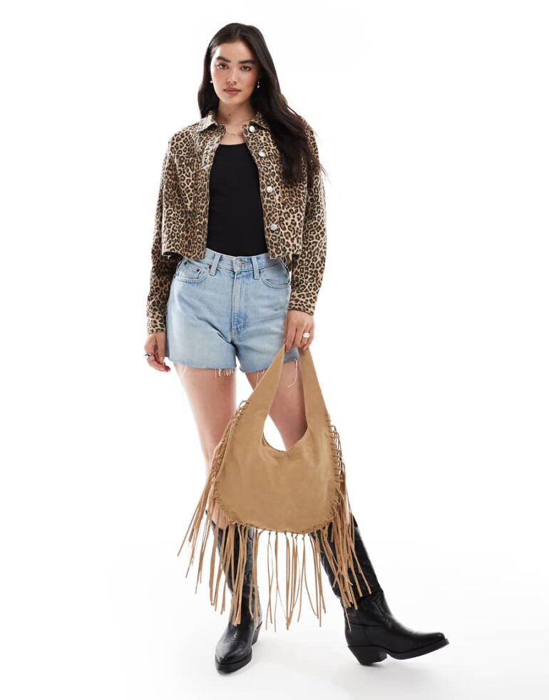 ONLY cropped denim jacket in leopard print-Brown