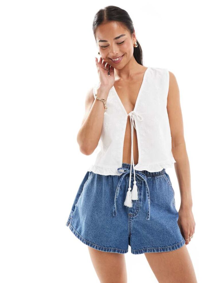 ONLY embroidered linen mix tie front top in white