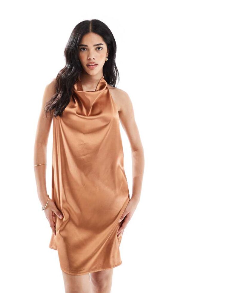 Object halter neck mini slip dress in spice brown